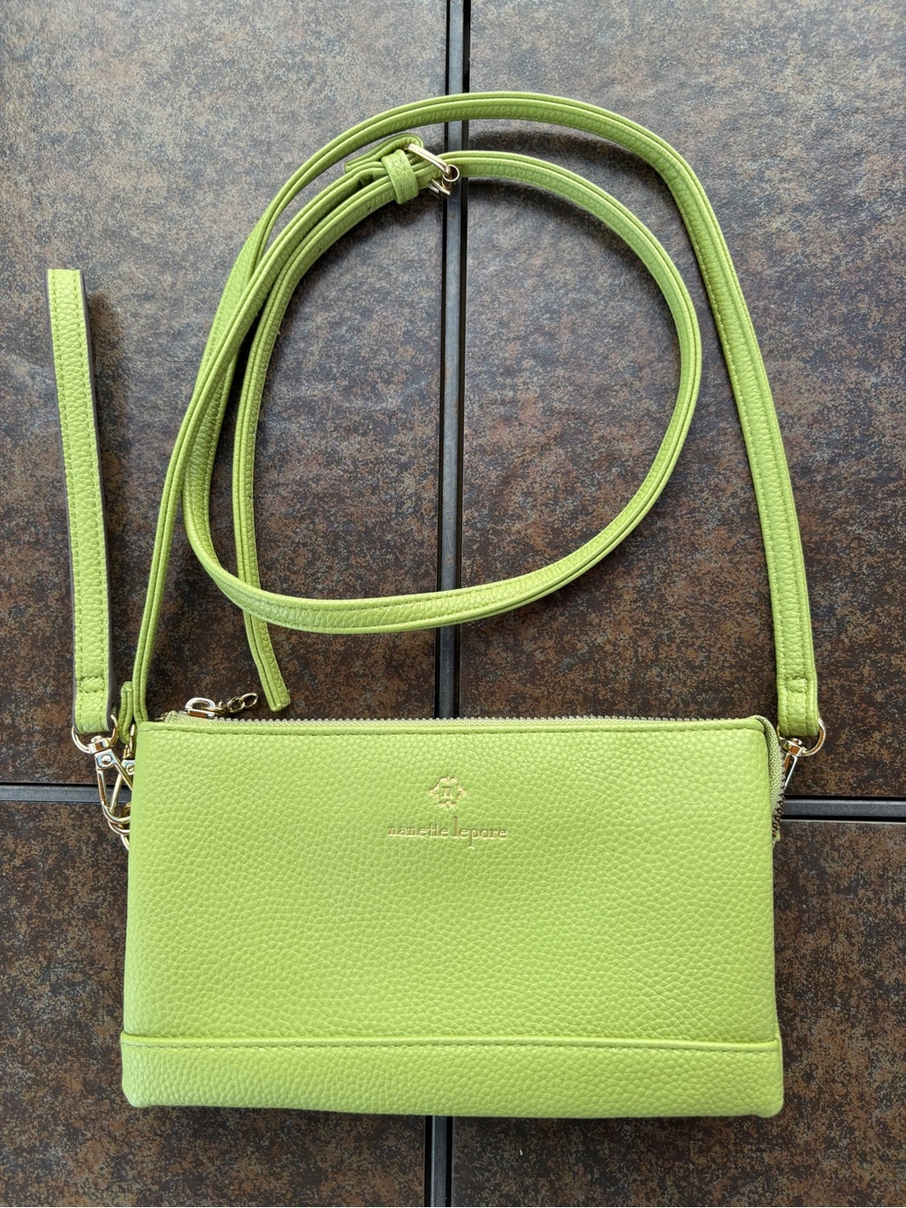 Nanette Lepore lime green pebbled faux leather triple-compartment crossbody bag